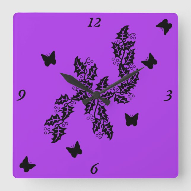 Ivy Leaves and black Butterfly on Purple Square Wall Clock (Front)