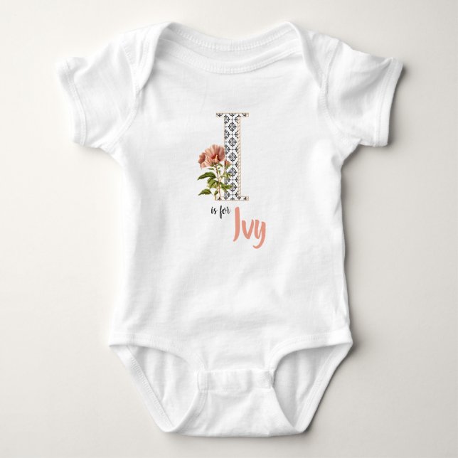 Ivy Name Reveal Floral Letter H Girl Whimsical Baby Bodysuit (Front)
