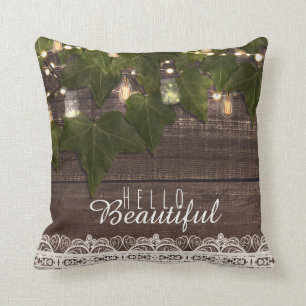 Ivy & String Lights Mason Jar Rustic Farmhouse Cushion