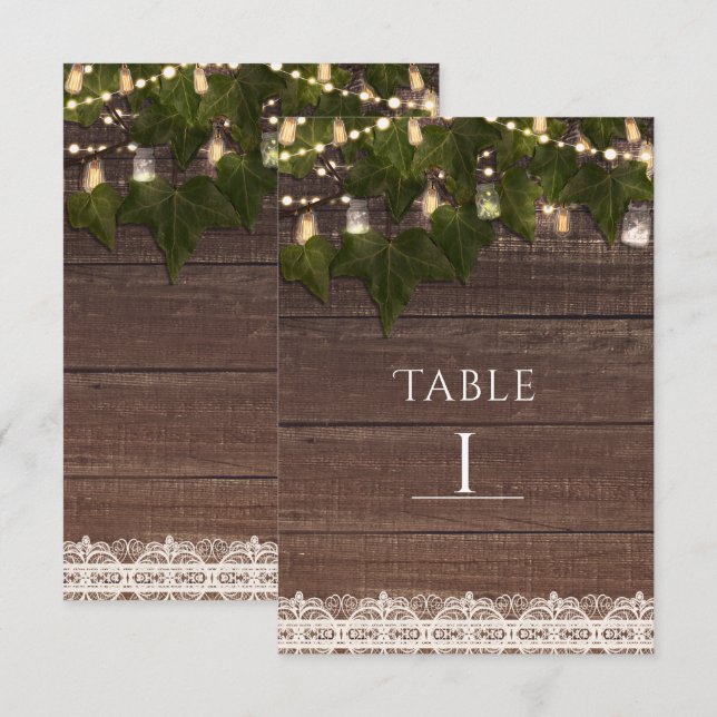 Ivy & String Lights Mason Jar Rustic Table Number (Front/Back)