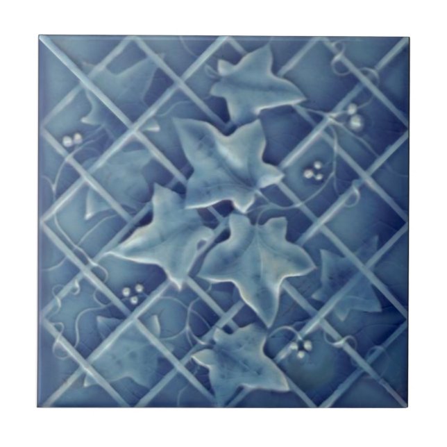 Ivy Trellis Blue Majolica Faux Relief Reproduction Ceramic Tile (Front)