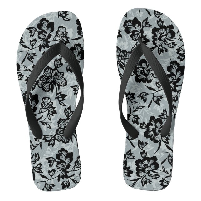 Iwalani Vintage Hawaiian Floral - Black Thongs (Footbed)