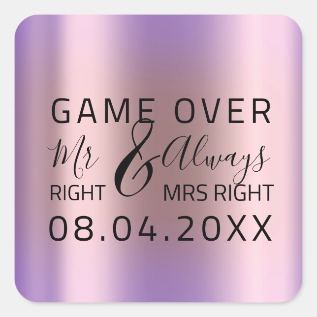 ìWedding Mr Right Mrs Right Game Over Purple Square Sticker (Front)