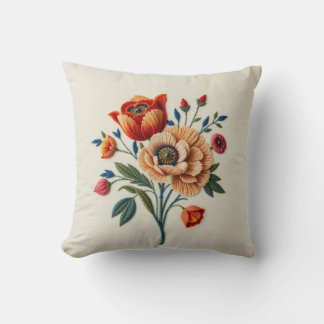 Iznik Tulip Embroidery Coral Throw Pillow
