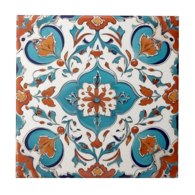Iznik Turkish Classic Floral Red Turquoise Blue Ceramic Tile (Front)