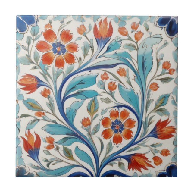 Iznik Turkish Floral Green Blue Orange Red Flowers Ceramic Tile (Front)