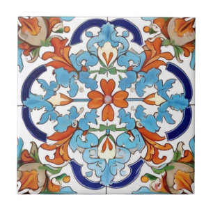 Iznik Turkish Floral Orange Red Blue Flower Ceramic Tile
