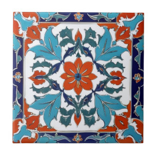 Iznik Turkish Flower Orange Red Blue White Floral Ceramic Tile