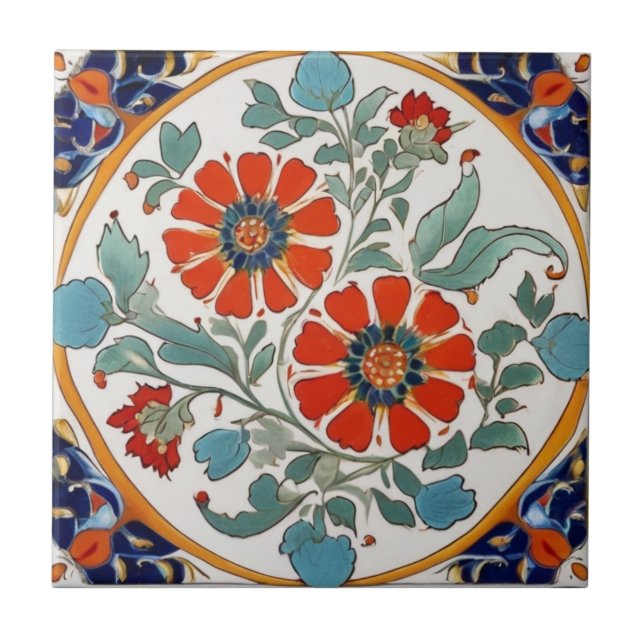 Iznik Turkish Flowers Red Orange Blue Green Cream Ceramic Tile (Front)