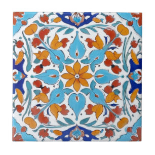 Iznik Turkish Orange Red Turquoise Blue Floral Ceramic Tile