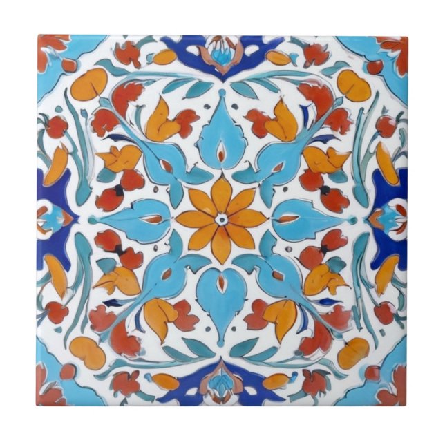 Iznik Turkish Orange Red Turquoise Blue Floral Ceramic Tile (Front)