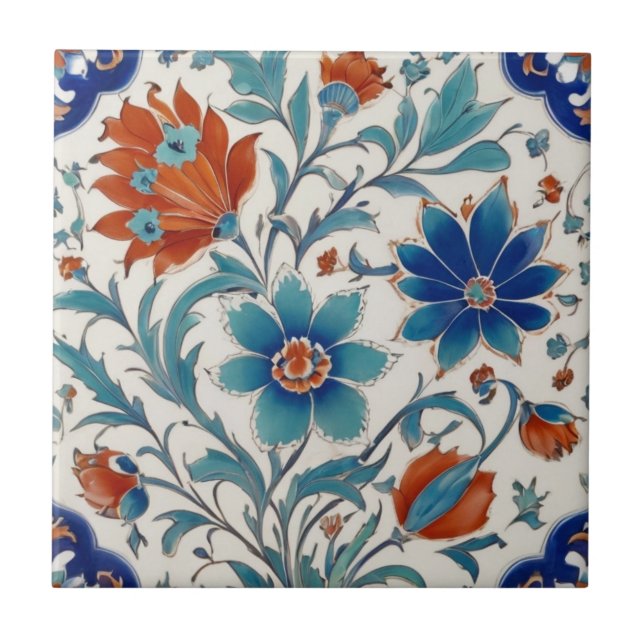 Iznik Turkish Ottoman Floral Blue & Red Flowers Ceramic Tile (Front)