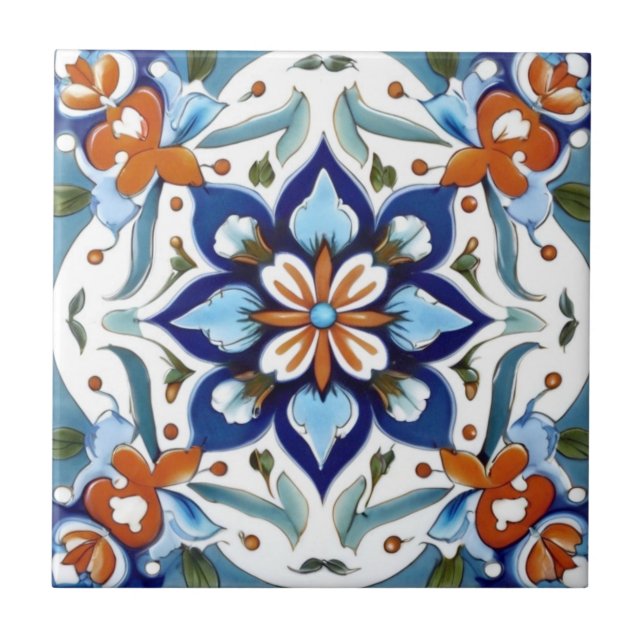 Iznik Turkish Traditional Orange Red Blue Flower Ceramic Tile (Front)