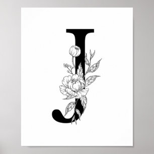 J botanical monogram. Letter initial with peonies Poster
