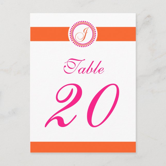 J Dot Circle Monogram Table Number (Pink/Orange) Postcard (Front)