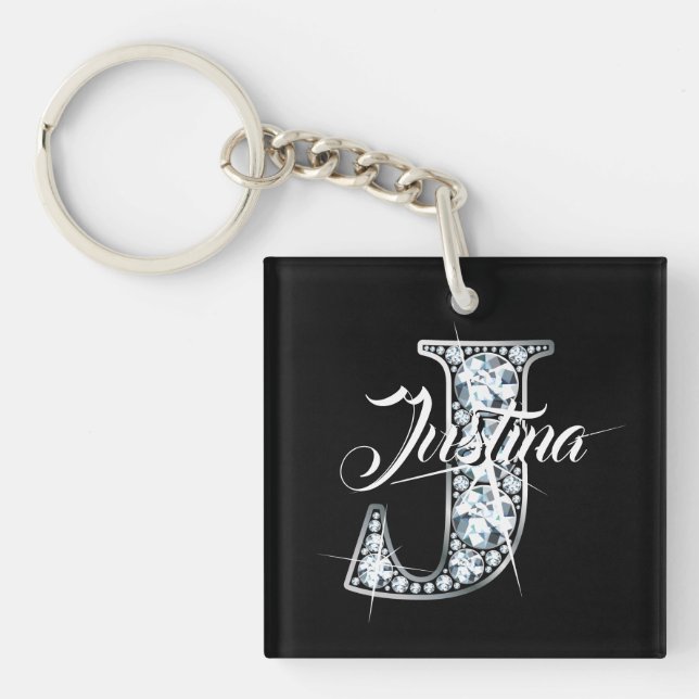 J Faux Diamond Bling Monogram Key Ring (Front)