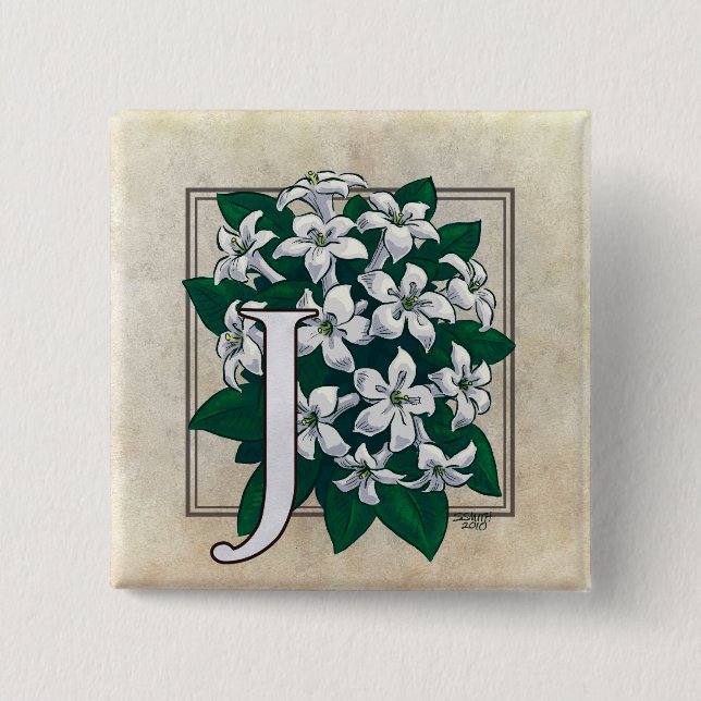 J for Jasmine Flower Monogram 15 Cm Square Badge (Front)
