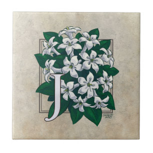 J for Jasmine Flower Monogram  Ceramic Tile