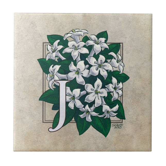 J for Jasmine Flower Monogram  Ceramic Tile (Front)