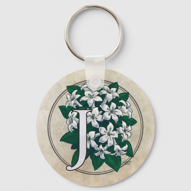 J for Jasmine Flower Monogram Key Ring (Front)