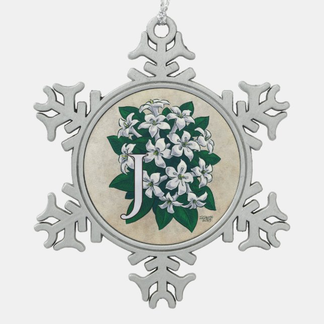 J for Jasmine Flower Monogram Snowflake Pewter Christmas Ornament (Front)