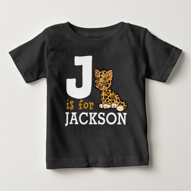 J is for JAGUAR & Kids Name Personalised Baby T-Shirt (Front)
