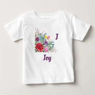 J Joy Personalise Letter Name, Rose Flowers Baby T-Shirt