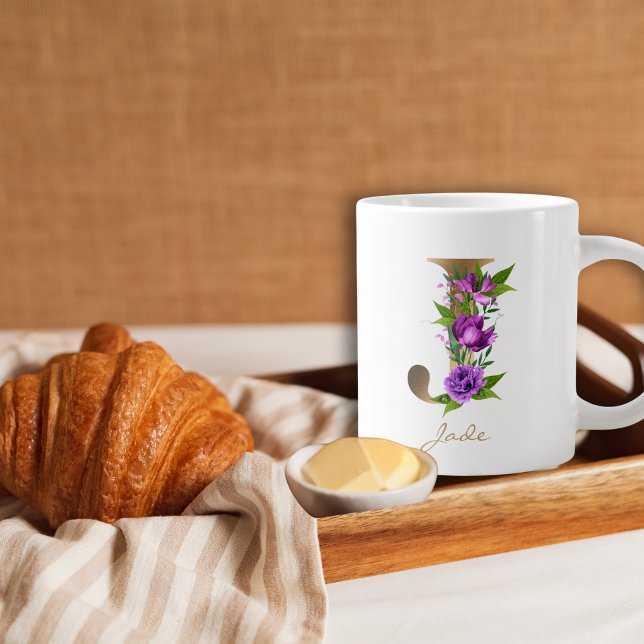 J Letter Gold Monogram | Purple Green Floral Large Coffee Mug (Creator Uploaded)