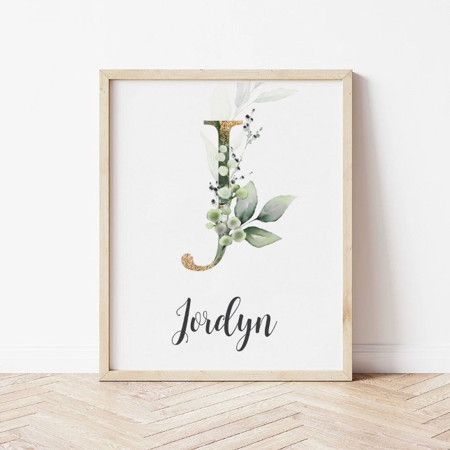 J Letter Monogram Greenery Nursery Name Wall Print (Creator Uploaded)