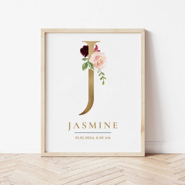 J Letter Monogram Name Marsala Floral Nursery Poster (Creator Uploaded)