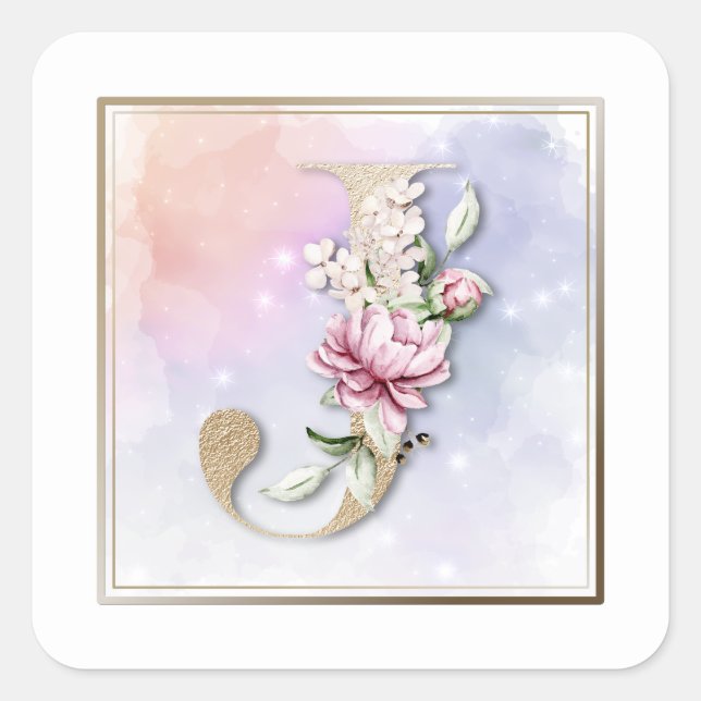 J Monogram Burgundy Floral Square Sticker (Front)