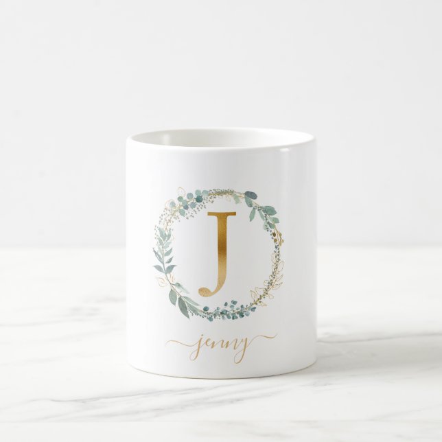 J  monogram, customer specific leafy wreath  coffee mug (Center)