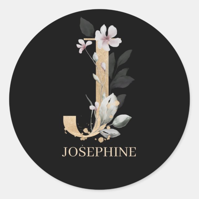 J Monogram Floral Personalised Classic Round Sticker (Front)