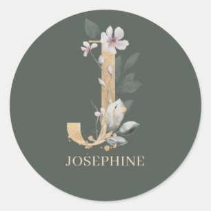 J Monogram Floral Personalised Classic Round Sticker
