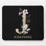 J Monogram Floral Personalised Mouse Pad<br><div class="desc">Letter J monogram floral. Letter J in golden brown texture accented with green watercolor compound leaves,  flower blossoms and gold dust. Personalised with name in matching font.</div>