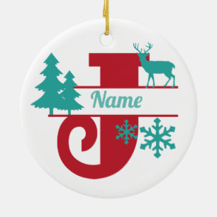 J Monogram Initial Christmas Holiday Tree Ornament