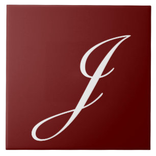 J Monogram Initial White on Maroon Ceramic Tile
