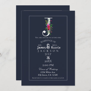 J Monogram Last Initial Modern Blue Floral Wedding Invitation