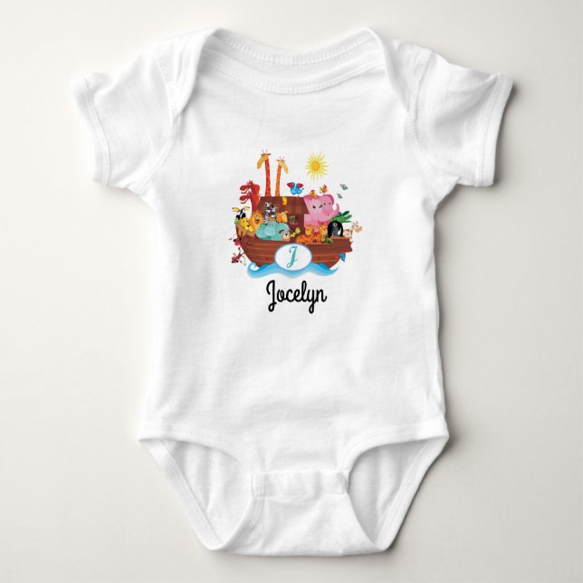 J Monogram Noah's Ark Personalised Baby T-shirt Baby Bodysuit (Front)