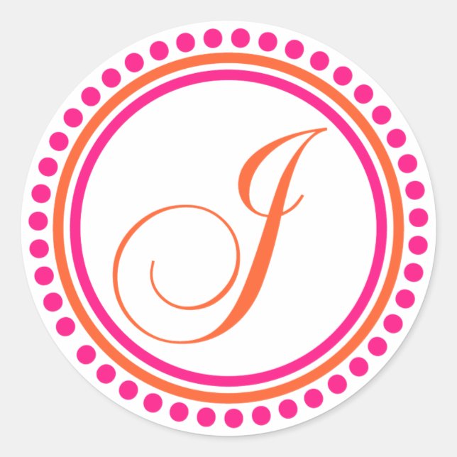 J Monogram (Pink / Orange Dot Circle) Classic Round Sticker (Front)