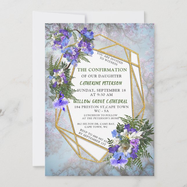 Jacaranda Blooms & Lily  Bouquet Confirmation Invitation (Front)