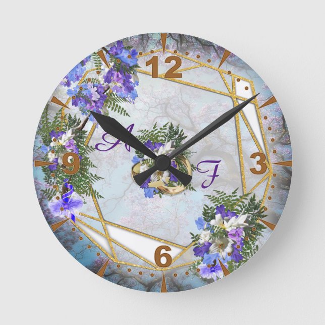 Jacaranda Blooms & Lily  Bouquet Round Clock (Front)