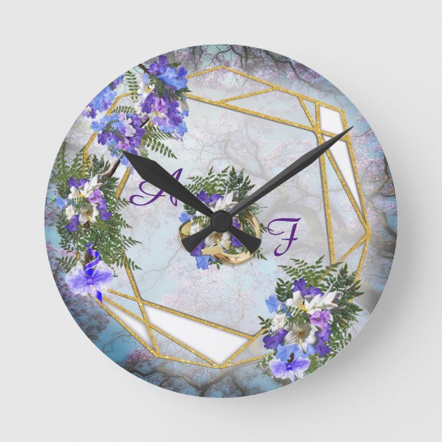 Jacaranda Blooms & Lily  Bouquet Round Clock (Front)