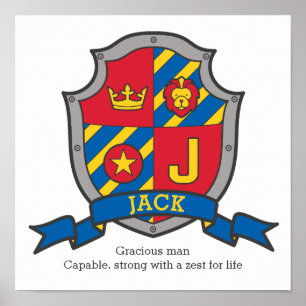 Jack boys J name and meaning blue red crest poster
