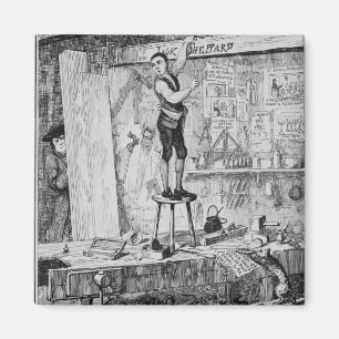 Jack carves his name on a beam in the shop of his magnet