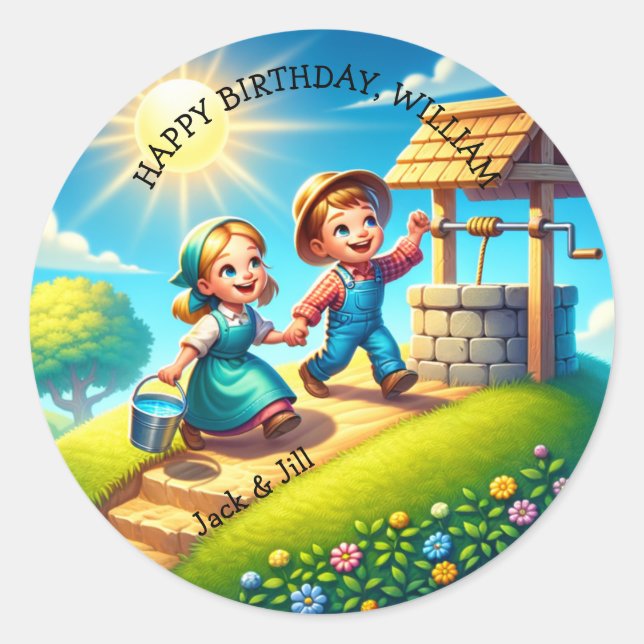 Jack & Jill Nursery Rhyme Birthday  Classic Round Sticker (Front)