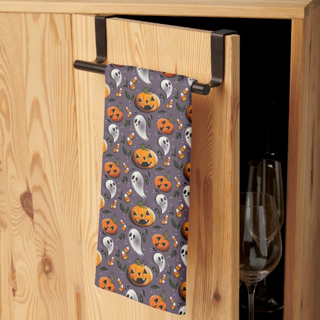 Jack-o-Ghost Purple Tea Towel (Thirds Fold)