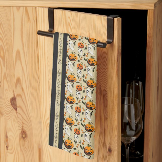 Jack-o-Ghost Yellow Stripes Tea Towel (Thirds Fold)