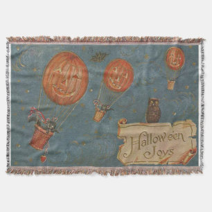 Jack O' Lantern Air Balloon Black Cat Owl Throw Blanket
