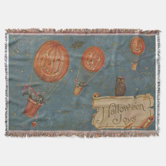 Jack O' Lantern Air Balloon Black Cat Owl Throw Blanket (Front)